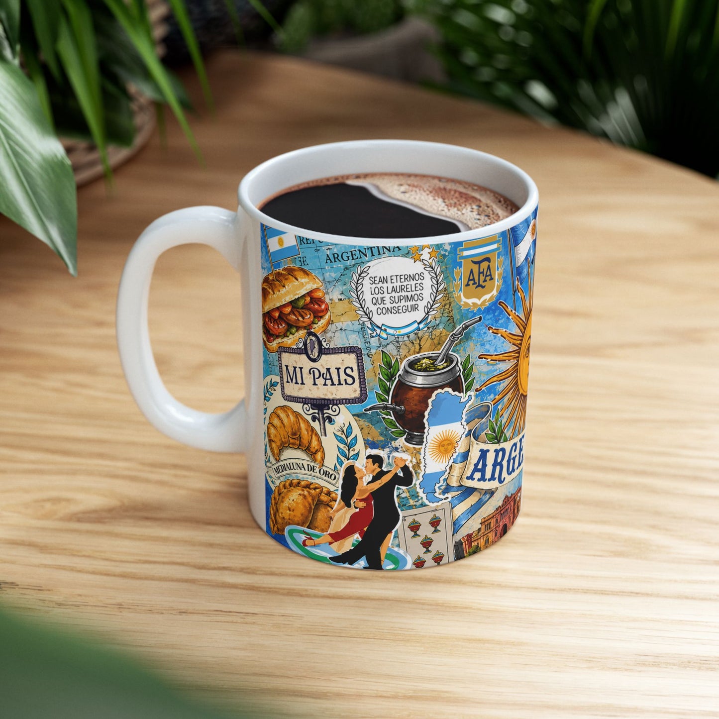 Argentina Collage Ceramic Mug — Sun of May, Flag & Iconic Foods (11oz/15oz)