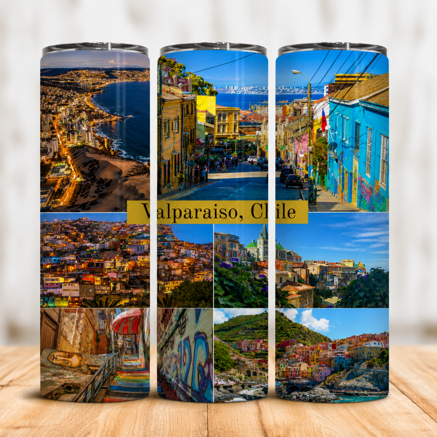 Vaso Térmico Valparaíso Chile Arte y Cerros con Pajita 20oz