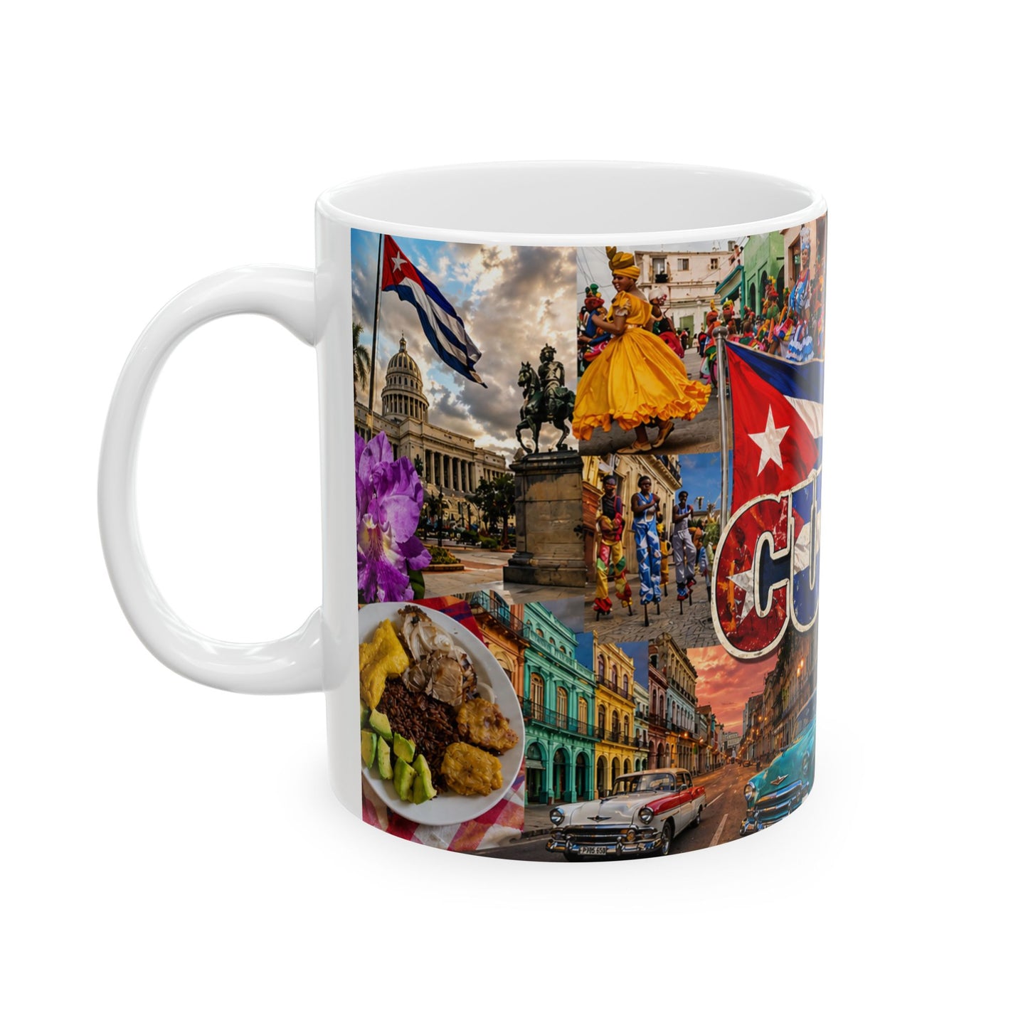 Cuba Collage Ceramic Mug – Vintage Cars, Flag & Tropical Travel Souvenir (11oz, 15oz)