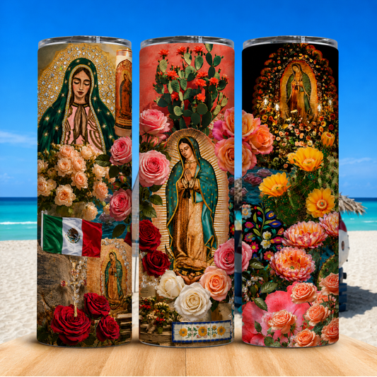 Vaso Térmico Virgen de Guadalupe y Flores con Pajita 20oz