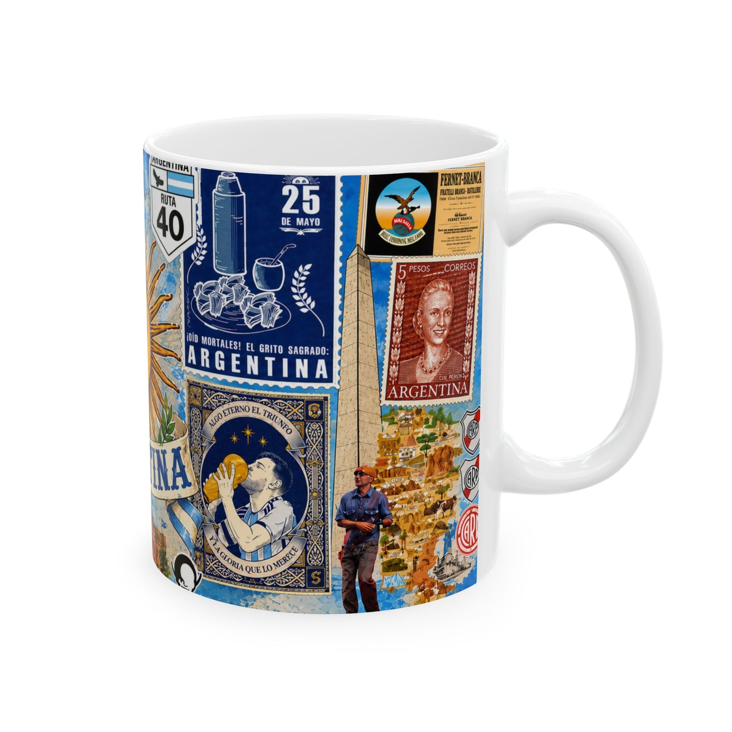 Argentina Collage Ceramic Mug — Sun of May, Flag & Iconic Foods (11oz/15oz)