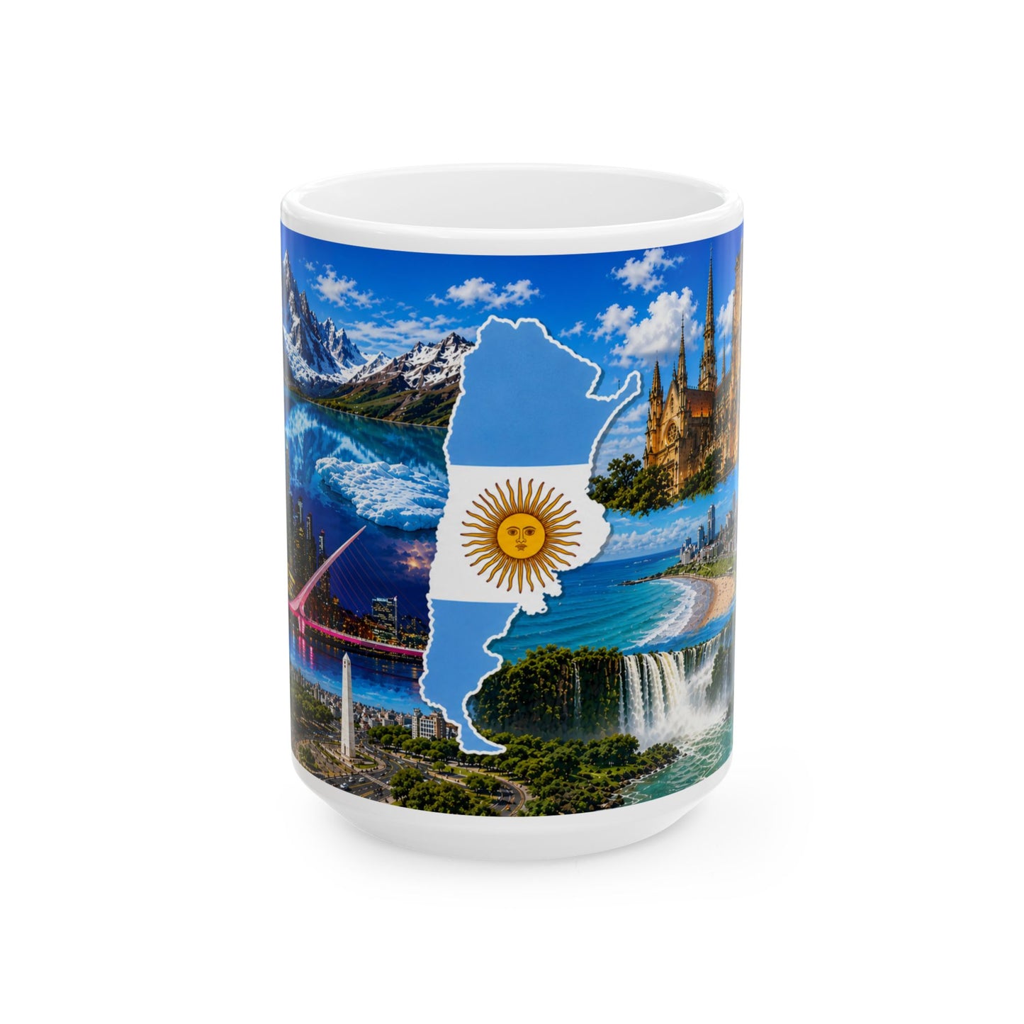 Argentina Travel Photo Collage Ceramic Mug – Map with Sun of May (11oz, 15oz)