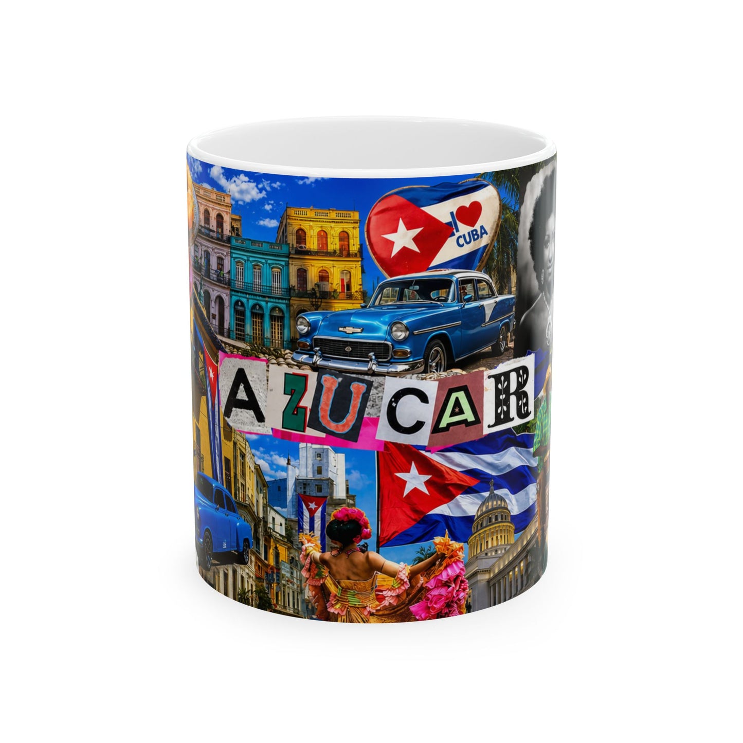 Cuban Collage Ceramic Mug — Havana Vintage Cars & Flags (11oz, 15oz)