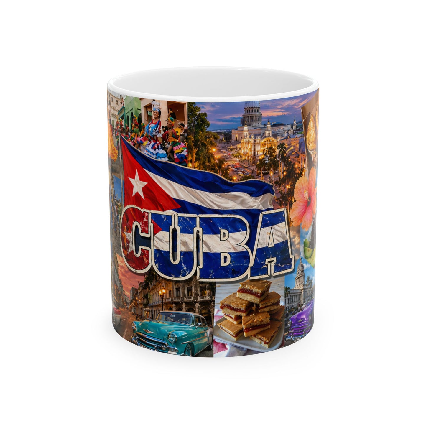 Cuba Collage Ceramic Mug – Vintage Cars, Flag & Tropical Travel Souvenir (11oz, 15oz)