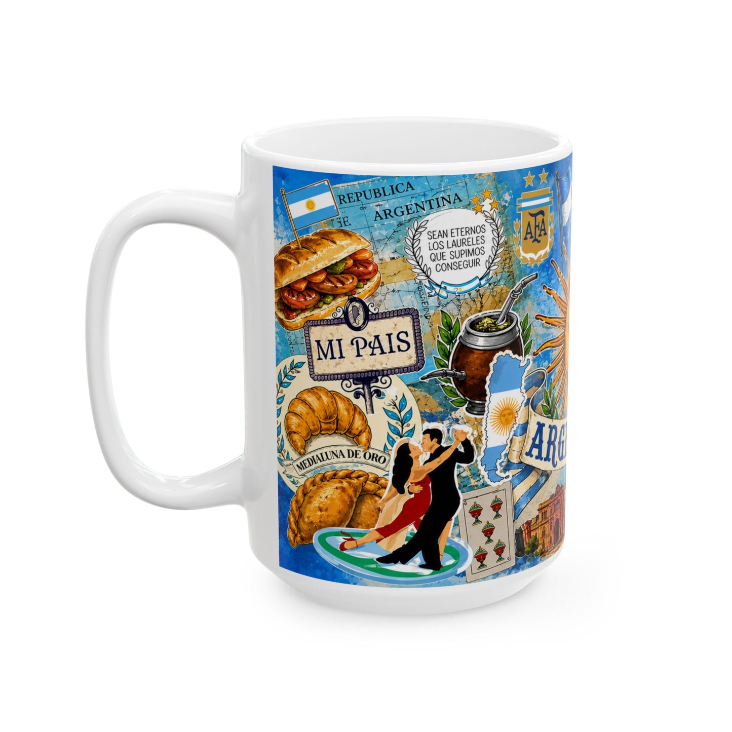 Argentina Collage Ceramic Mug — Sun of May, Flag & Iconic Foods (11oz/15oz)