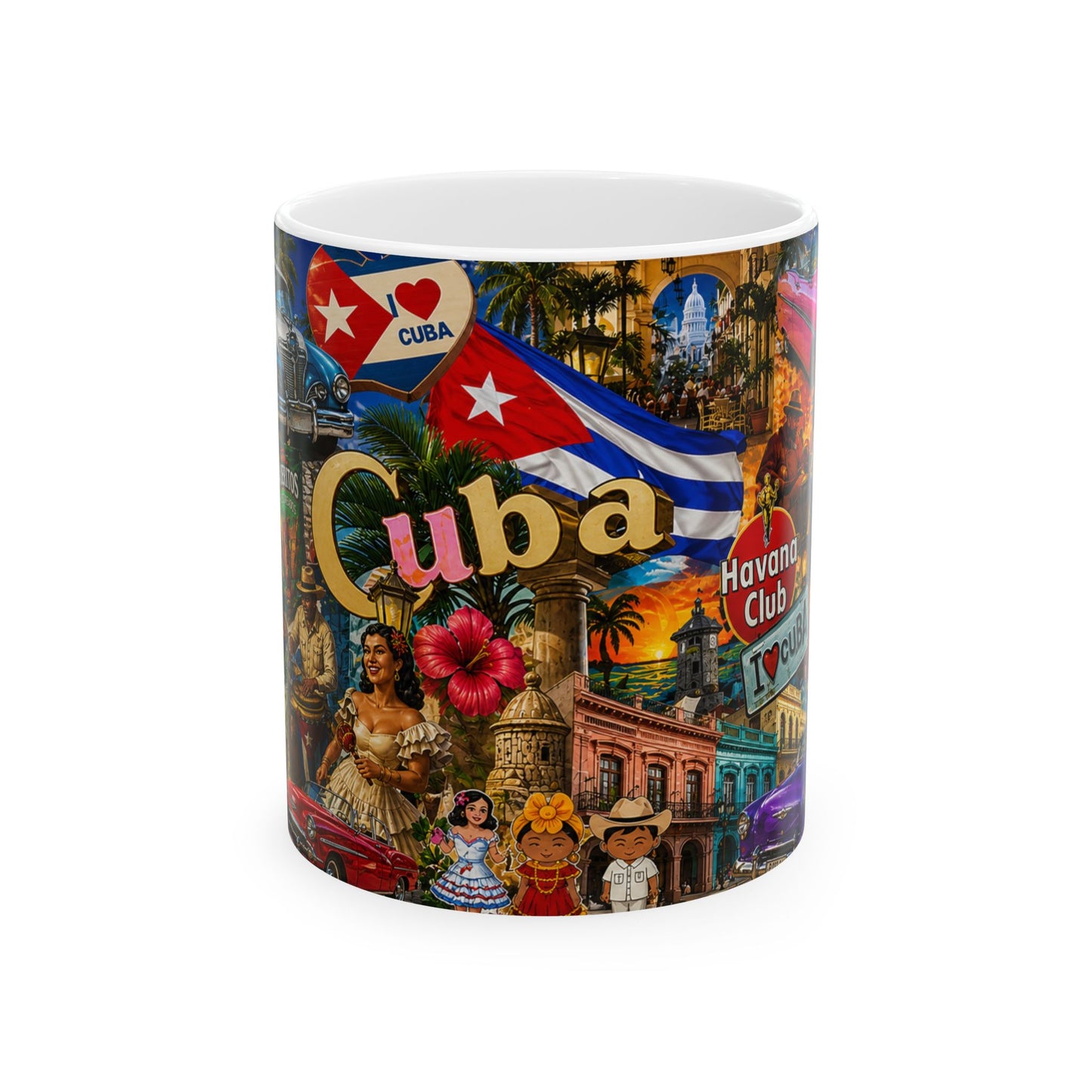 Cuba Collage Ceramic Mug – Vintage Havana Travel Souvenir (11oz, 15oz)