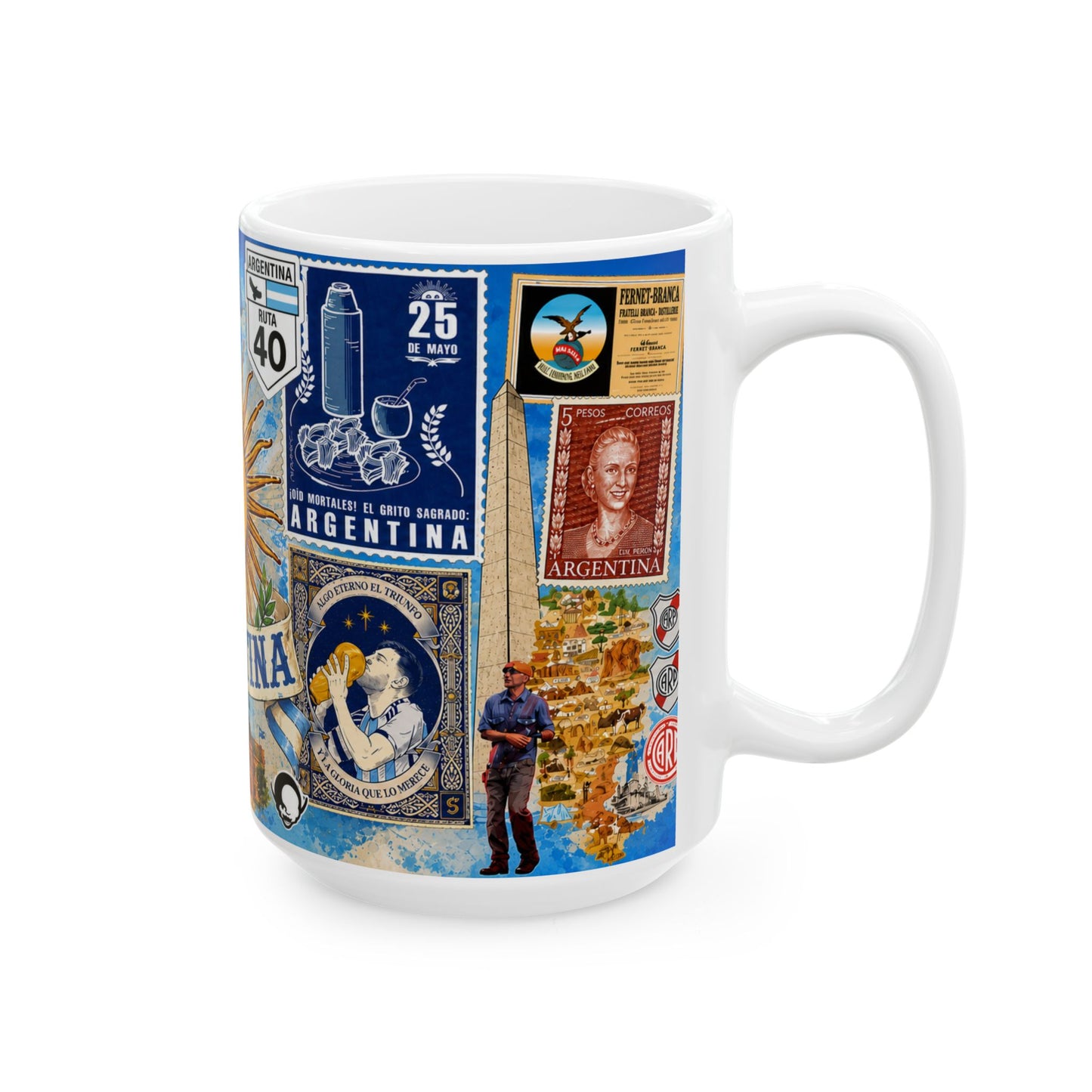Argentina Collage Ceramic Mug — Sun of May, Flag & Iconic Foods (11oz/15oz)