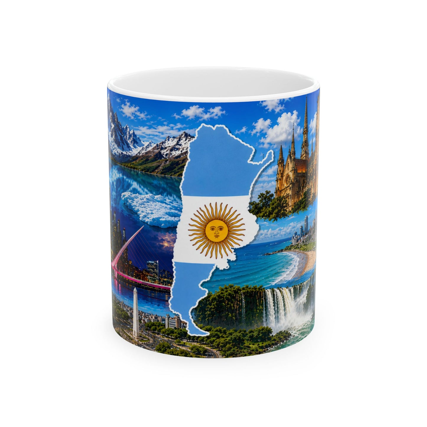 Argentina Travel Photo Collage Ceramic Mug – Map with Sun of May (11oz, 15oz)