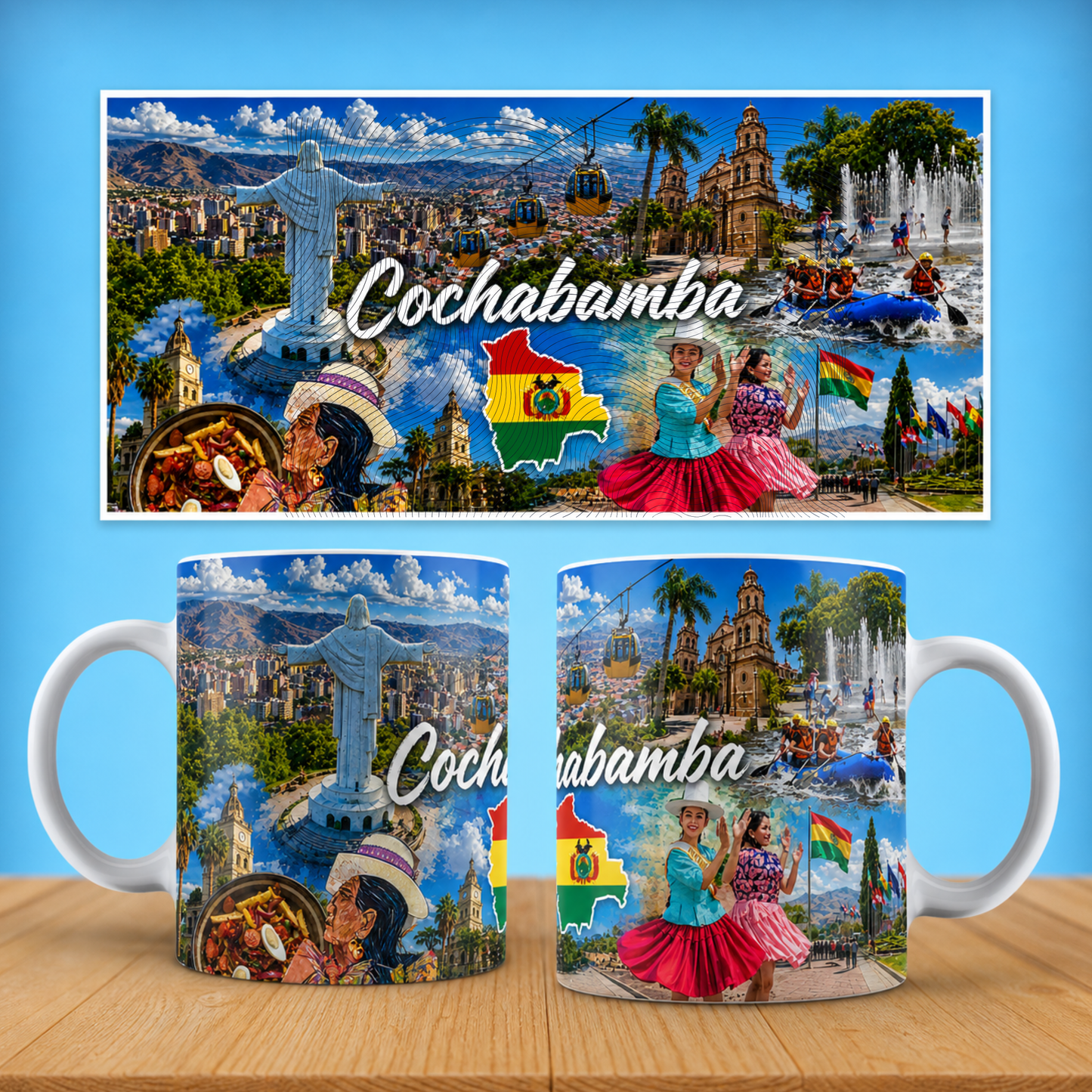 Bolivia Travel Collage Ceramic Mug - Taza de Café Paisajes de Bolivia - Cochabamba (11oz, 15oz)