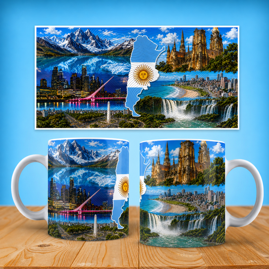 Argentina Travel Photo Collage Ceramic Mug – Map with Sun of May (11oz, 15oz)
