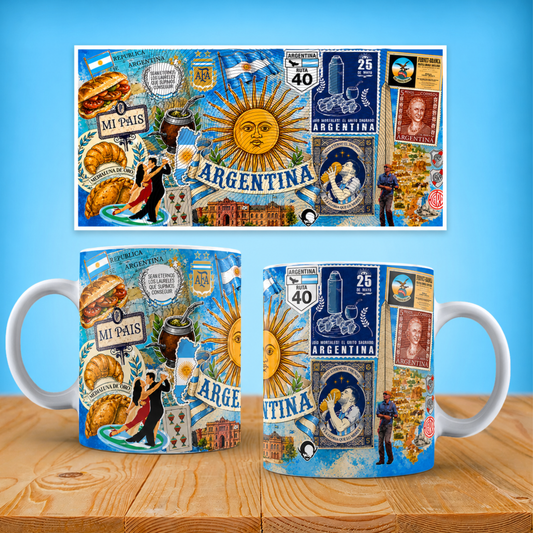 Argentina Collage Ceramic Mug — Sun of May, Flag & Iconic Foods (11oz/15oz)