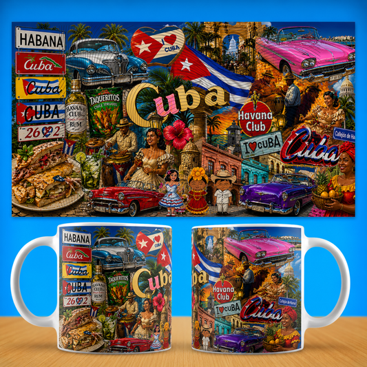 Cuba Collage Ceramic Mug – Vintage Havana Travel Souvenir (11oz, 15oz)