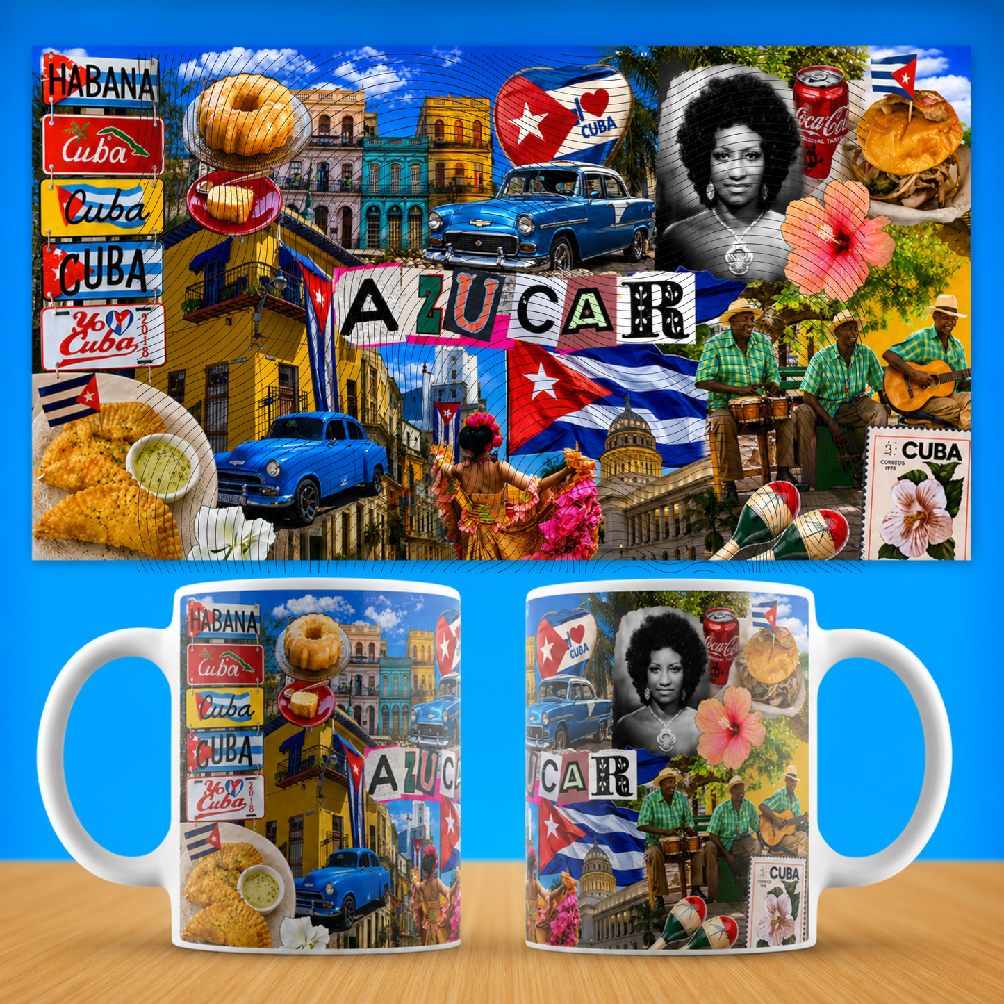 Cuban Collage Ceramic Mug — Havana Vintage Cars & Flags (11oz, 15oz)