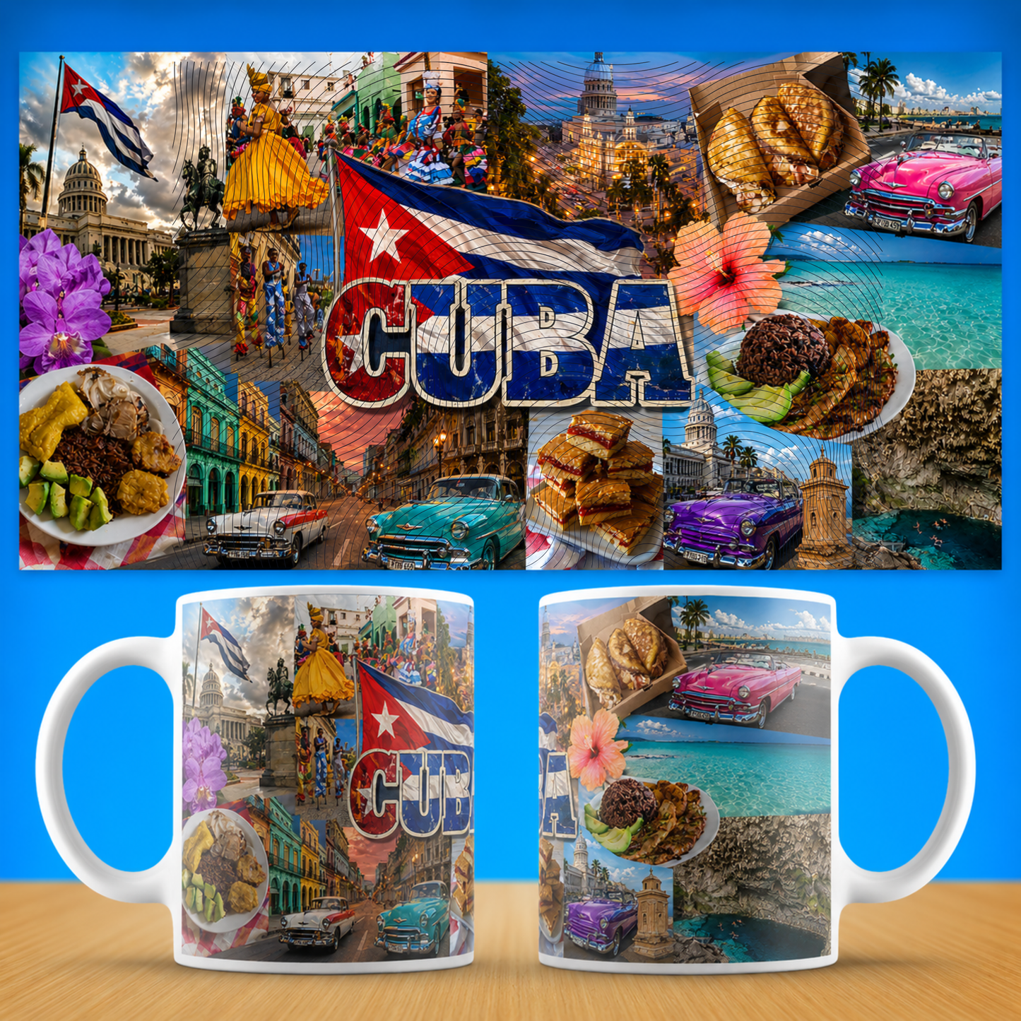 Cuba Collage Ceramic Mug – Vintage Cars, Flag & Tropical Travel Souvenir (11oz, 15oz)