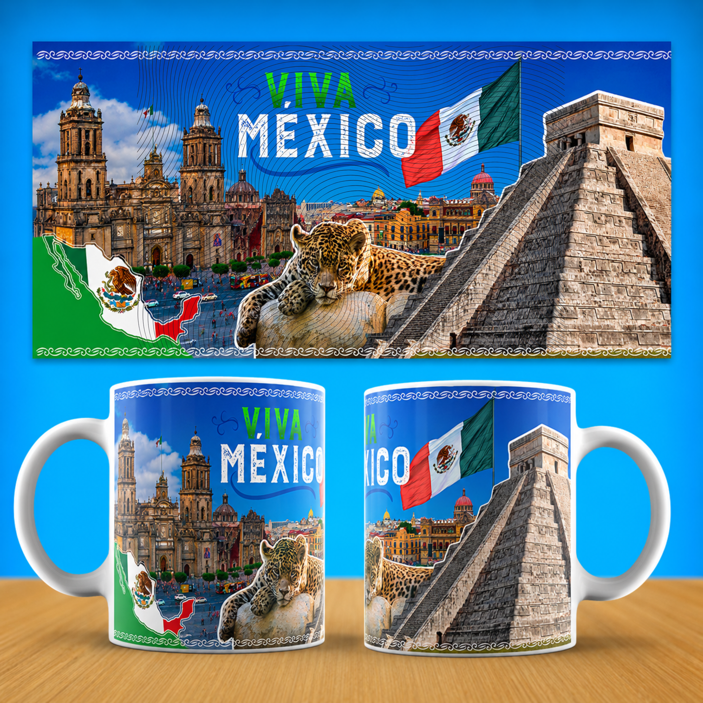 Viva Mexico Ceramic Mug - Mexican Flag & Landmarks (11oz/15oz)