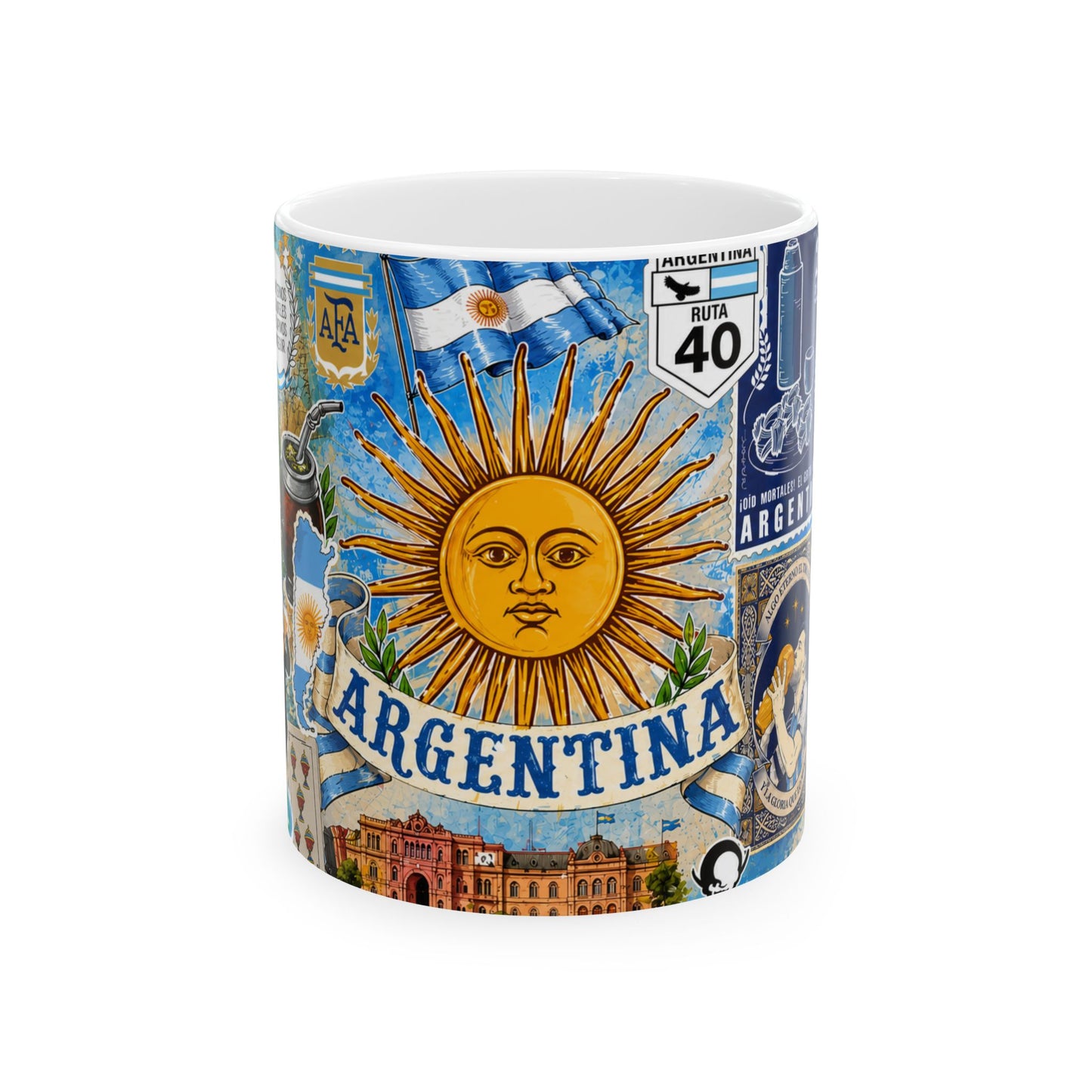 Argentina Collage Ceramic Mug — Sun of May, Flag & Iconic Foods (11oz/15oz)