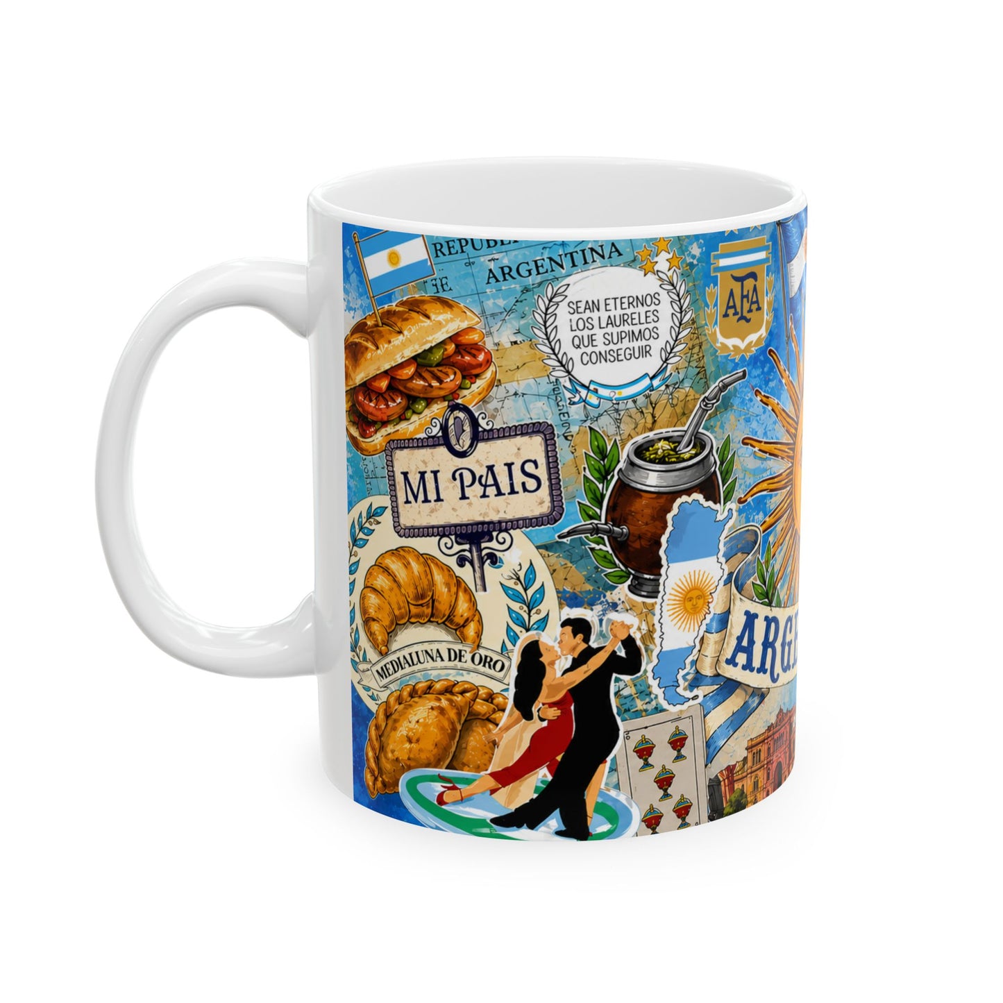 Argentina Collage Ceramic Mug — Sun of May, Flag & Iconic Foods (11oz/15oz)