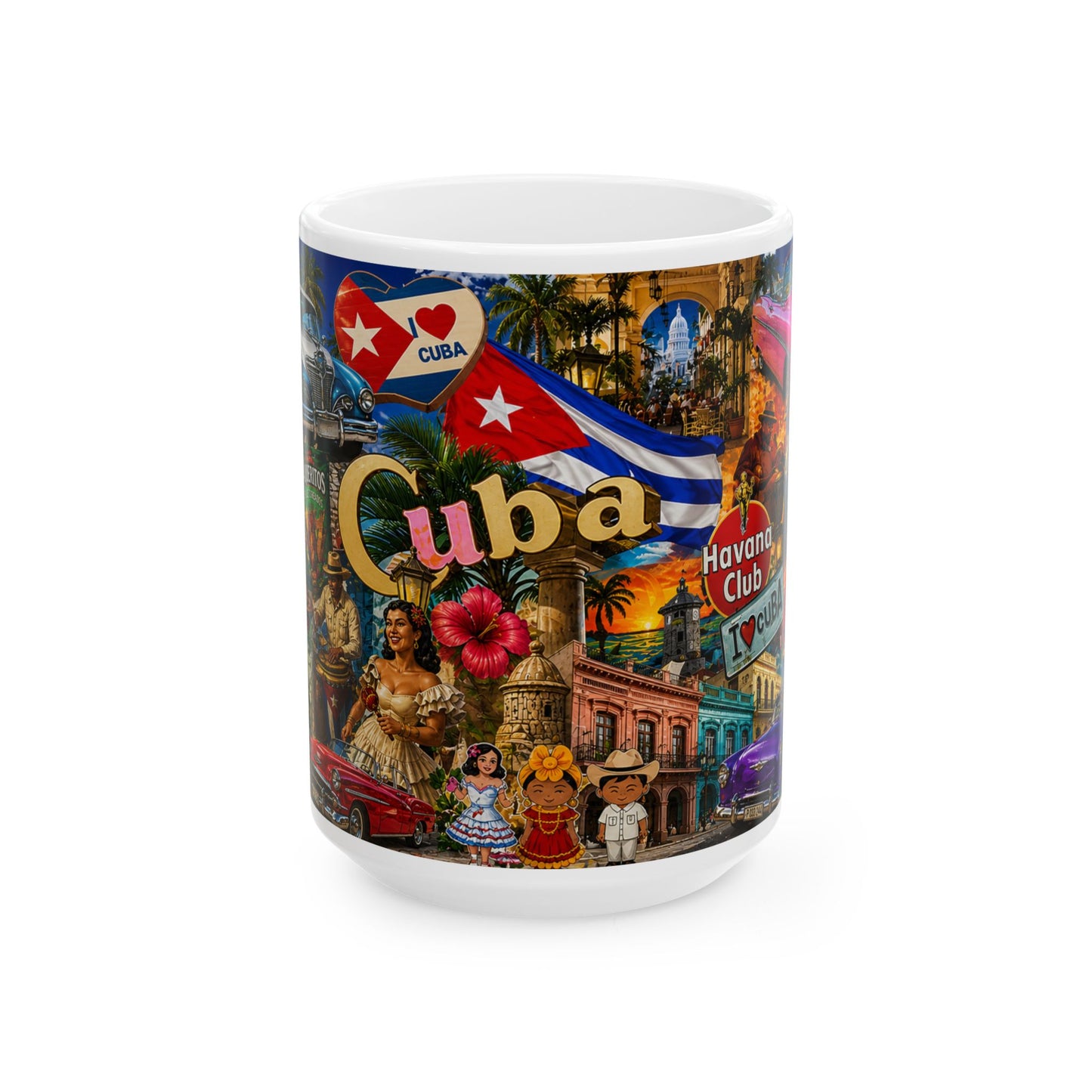 Cuba Collage Ceramic Mug – Vintage Havana Travel Souvenir (11oz, 15oz)