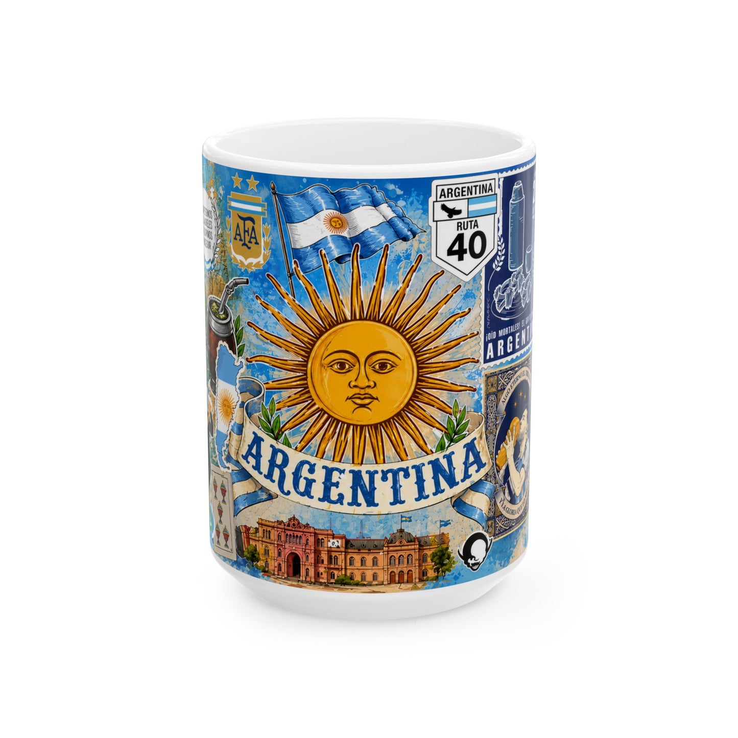 Argentina Collage Ceramic Mug — Sun of May, Flag & Iconic Foods (11oz/15oz)